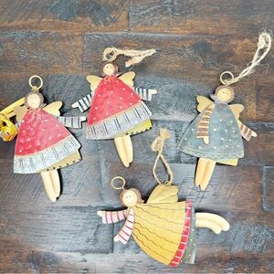 Vintage Angel Pressed Tin Metal Folk Art Hand Painted Ornament Set of 4